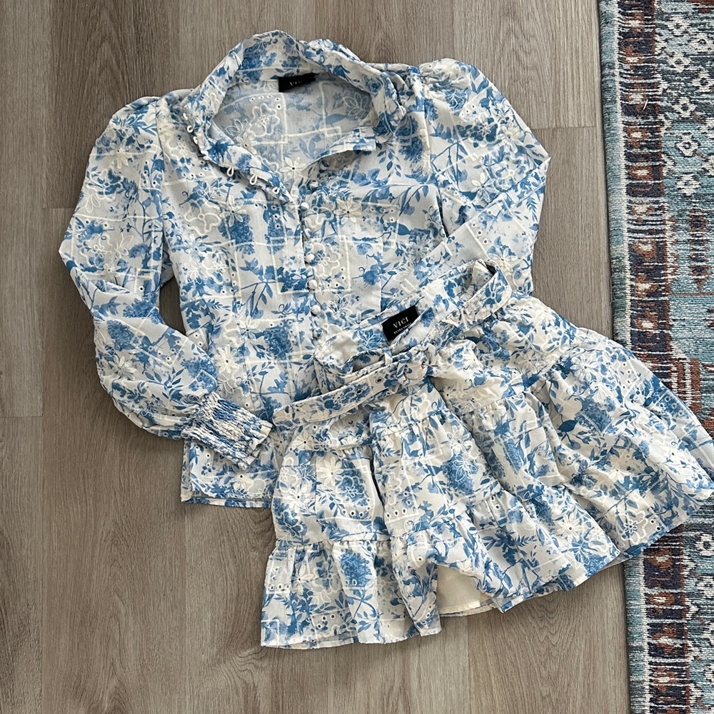 Vici Blue and Cream Floral skirt set